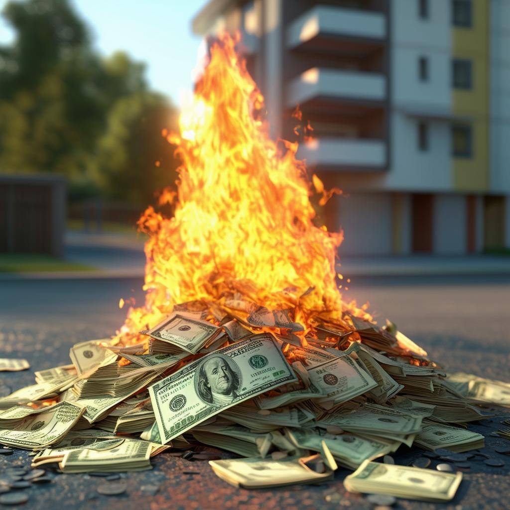 Pile of money on fire in front of multifamily property.